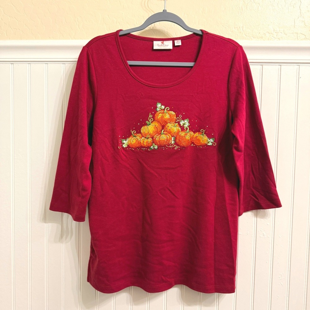 Quacker Factory Womens Embellished Pumpkin Patch 3/4 Sleeve Top, Red,M